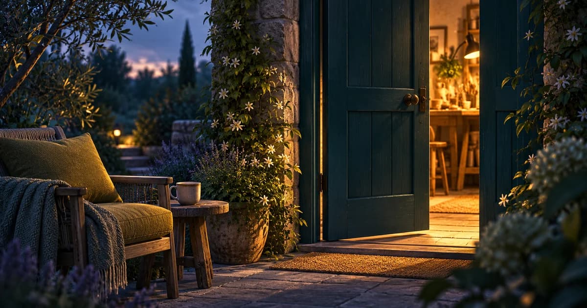 A teal workshop door is nearly closed at dusk, beside an outdoor armchair, blanket and cup.
