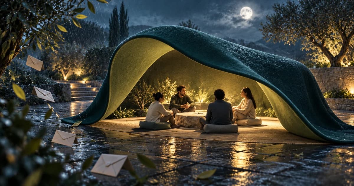 Four people meet beneath a sheltering teal canopy while envelopes drift through the rain outside.