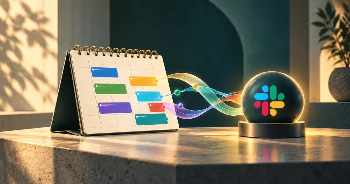 Colored calendar blocks send luminous ribbons toward a teal sphere bearing the Slack symbol.
