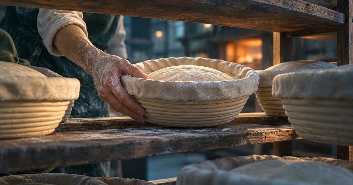 A baker places a round basket of rising dough into an open space between baskets on a wooden rack.