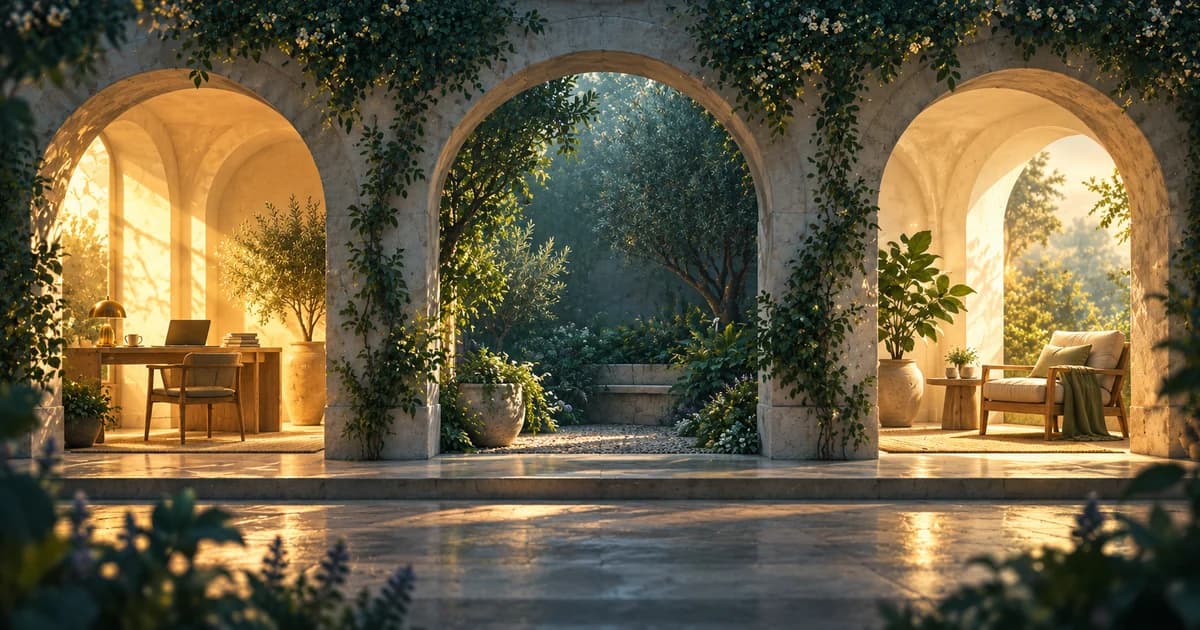 Three stone arches frame a sunlit workspace, a cool garden passage and a quiet reading chair.