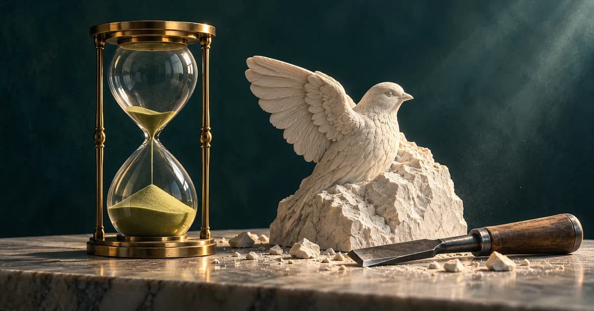A brass hourglass stands beside an unfinished stone bird, scattered chips and a resting chisel.