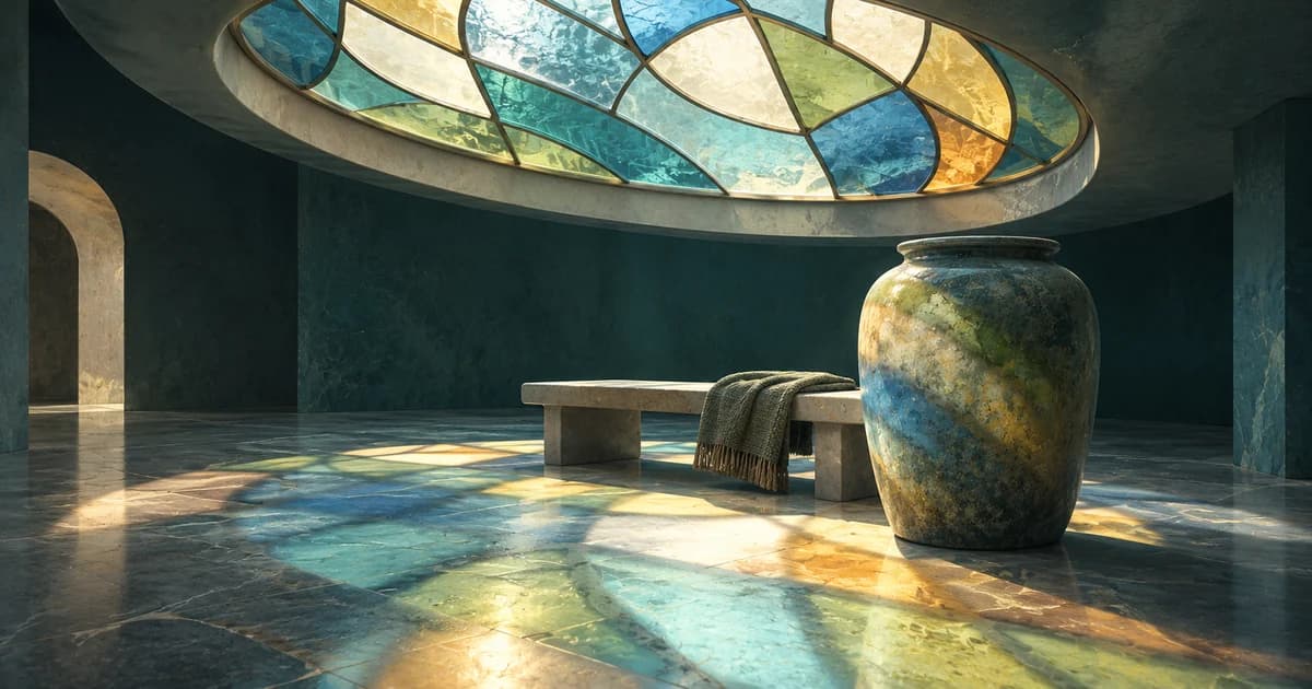A stained-glass oculus casts blue, olive and amber light across a stone floor, ceramic vase and quiet bench.