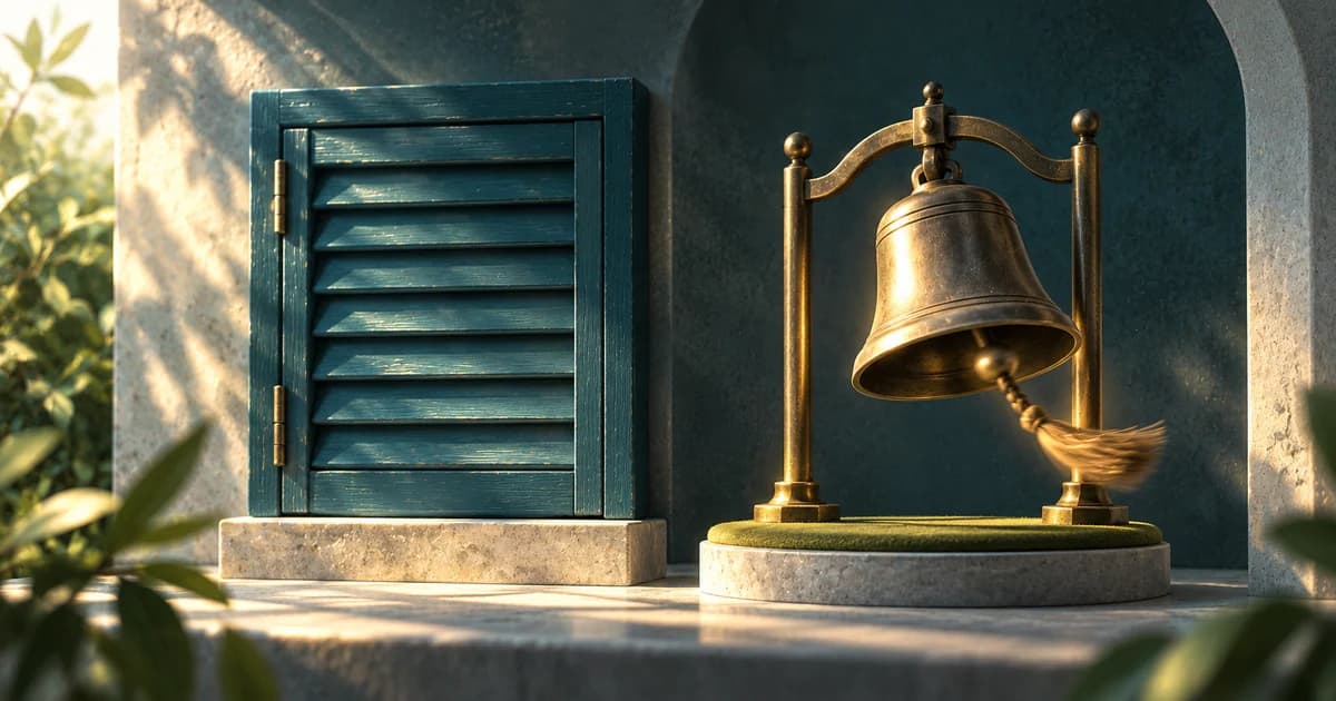 A closed teal shutter stands beside a separate brass bell whose tasselled clapper is still swinging.