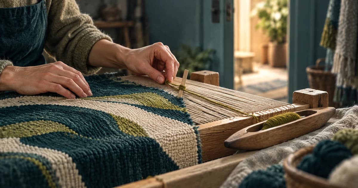 A weaver pauses over a teal and olive textile, marking the working thread with a peg beside a wooden shuttle.