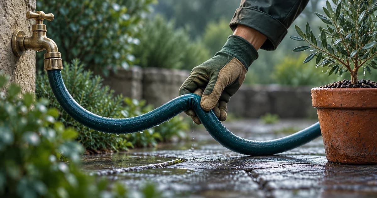A gloved hand works on a kink in a teal garden hose that remains connected to its brass tap.