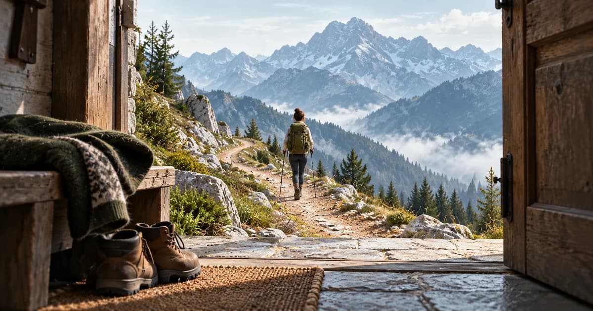 An open mountain-hut doorway frames a hiker leaving along an alpine trail, with boots and a coat inside.