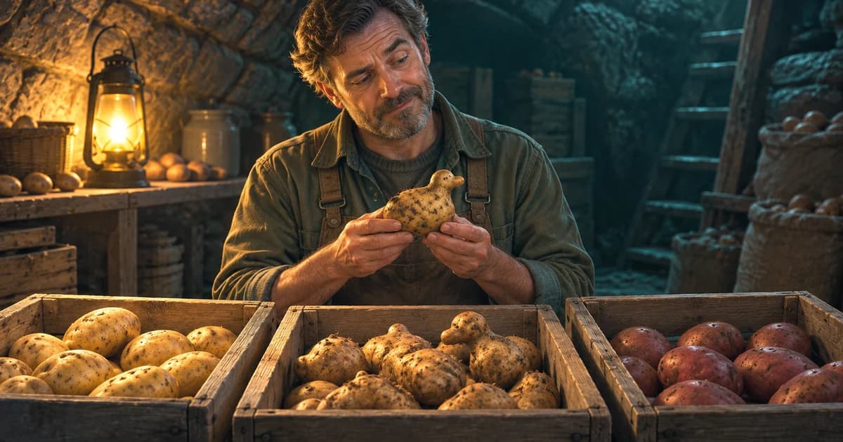 A worker raises an eyebrow at an oddly shaped potato above three sorting crates in a lantern-lit stone cellar.