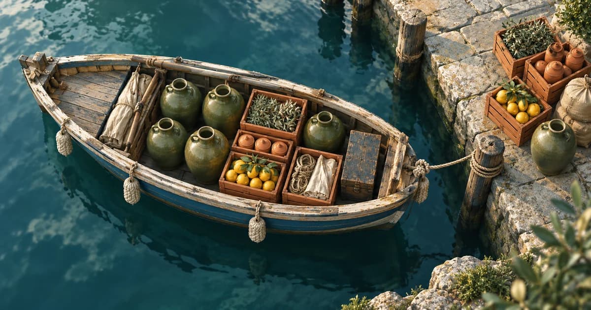 An overhead view of a small cargo boat filled with jars and crates, while more cargo waits on the quay.