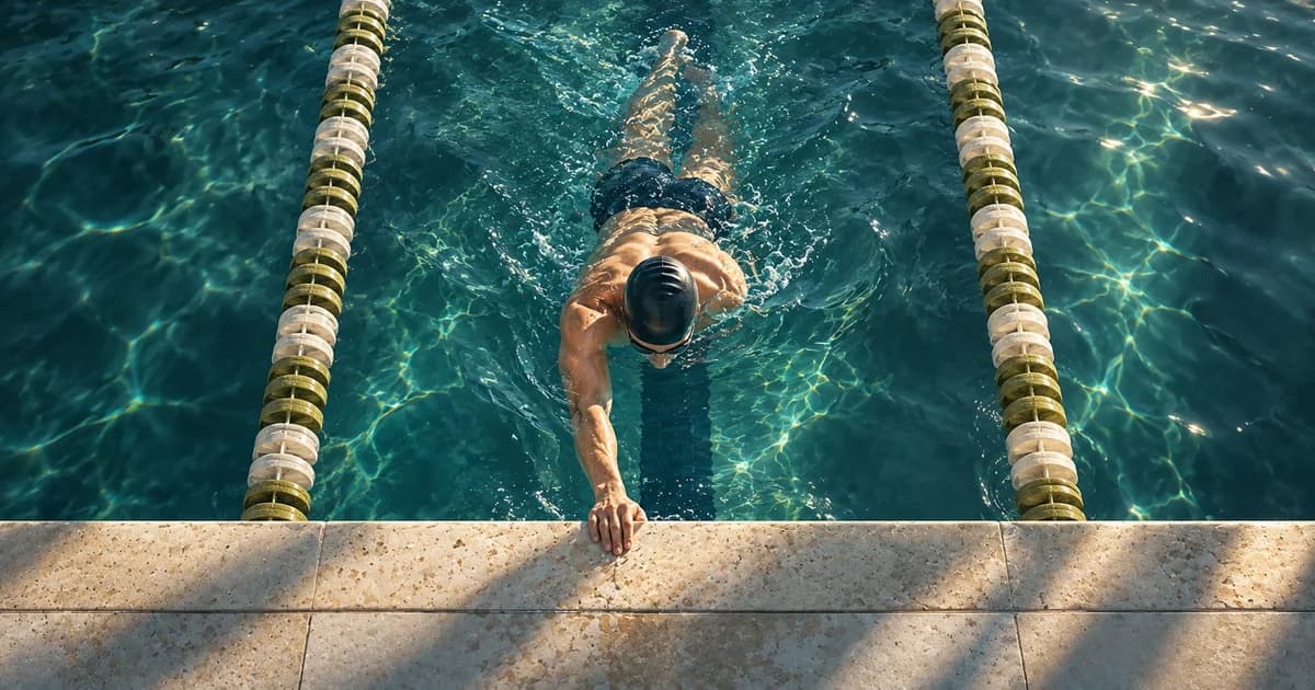 A swimmer reaches the end of a dedicated lane in deep teal water between olive and cream lane ropes.