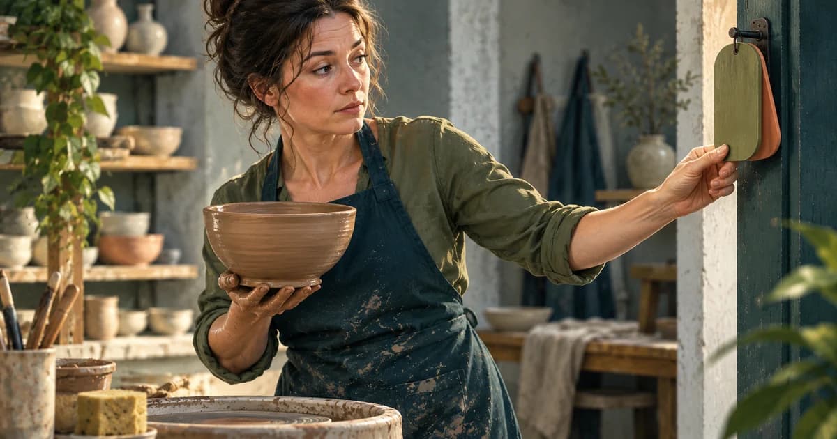 A potter holds a clay bowl in one hand while turning an olive and terracotta wooden occupancy marker with the other.