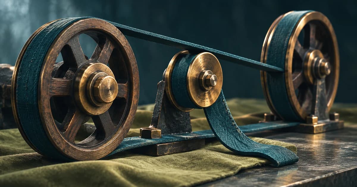 Three wooden and brass pulleys share a teal belt, with a loose section slipping from the middle mechanism.